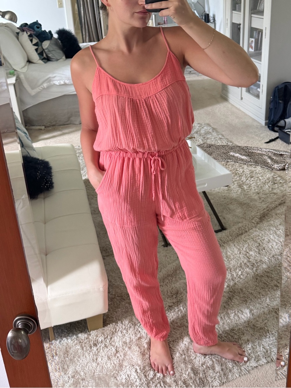 Evereve Womens Pink Sleeveless Drawstring Jumpsuit